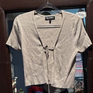 Sweet Storm Women's Beige Ribbed Tie-Front Blouse